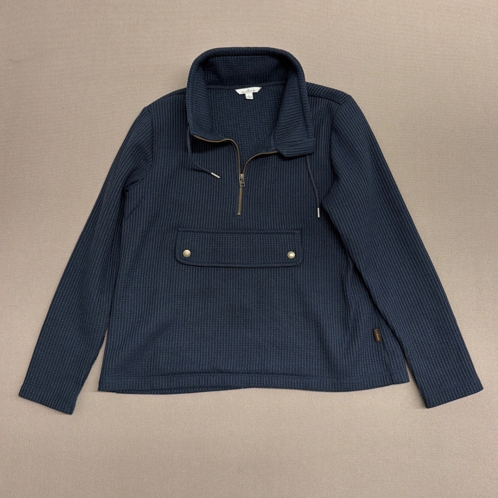 LL Bean Signature Mens Navy Blue Waffle Knit Quarter Zip Pullover 520668 L